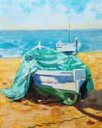 Boot with sail at beach at Lorett del Mar Spain. oil on linnen 50 x 40 